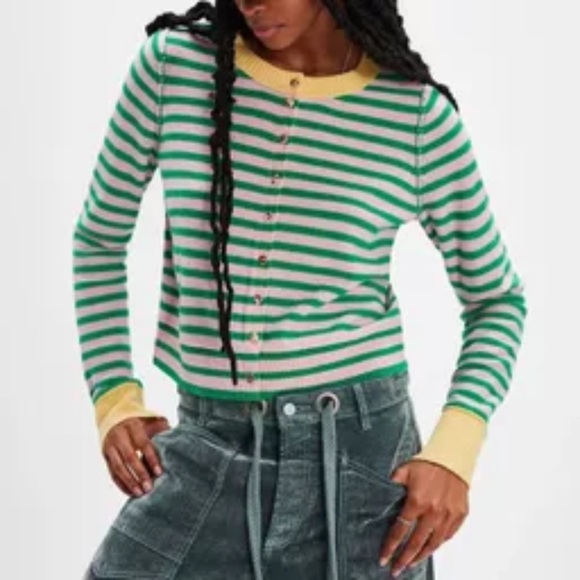 New! Free People nocturnal stripe cardi Green Yellow pink Cardigan 2333 - Picture 2 of 11